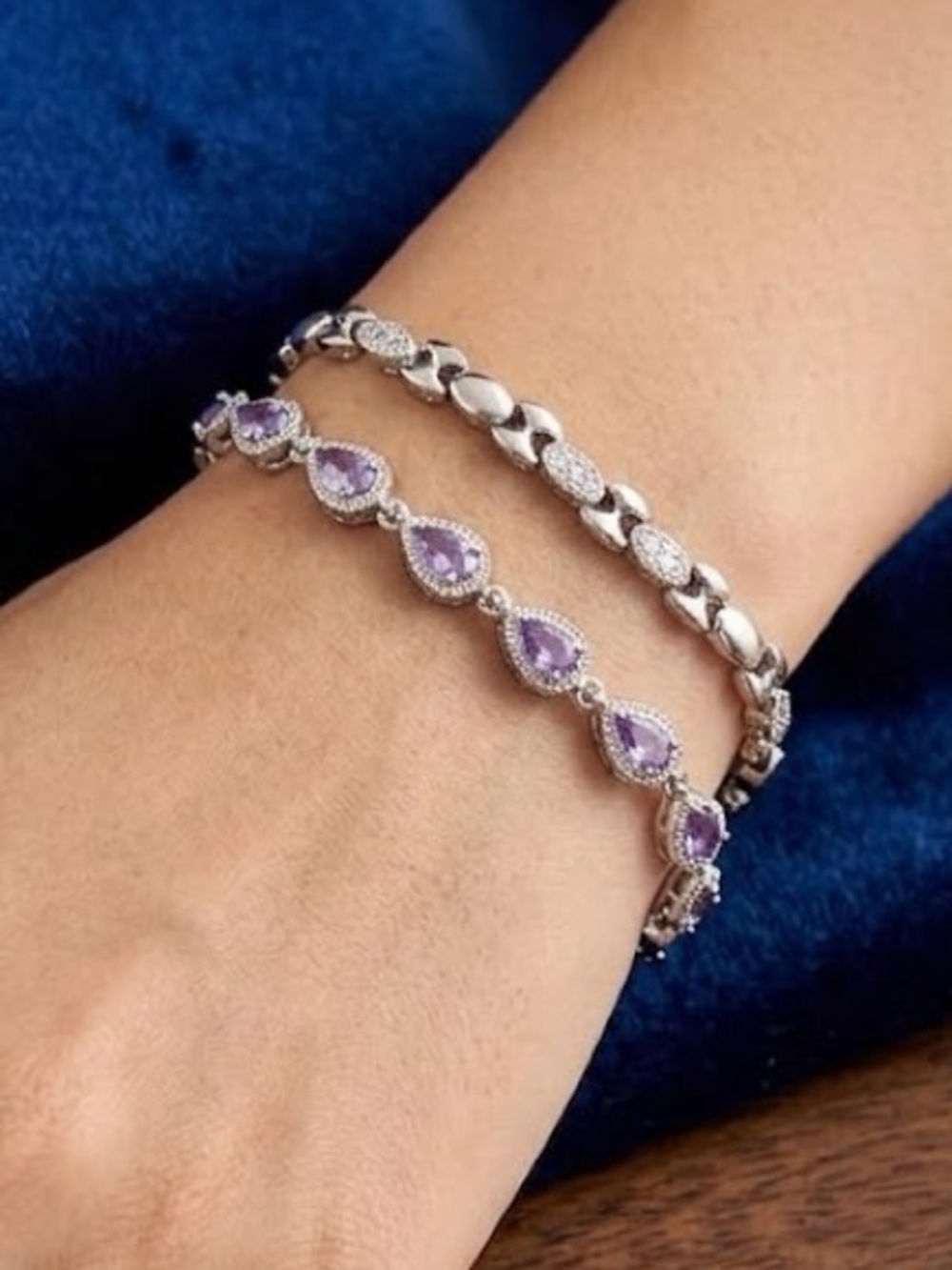 New White Gold Filled Purple Candy Tear Drop & Marquise Accent Bracelet Duo